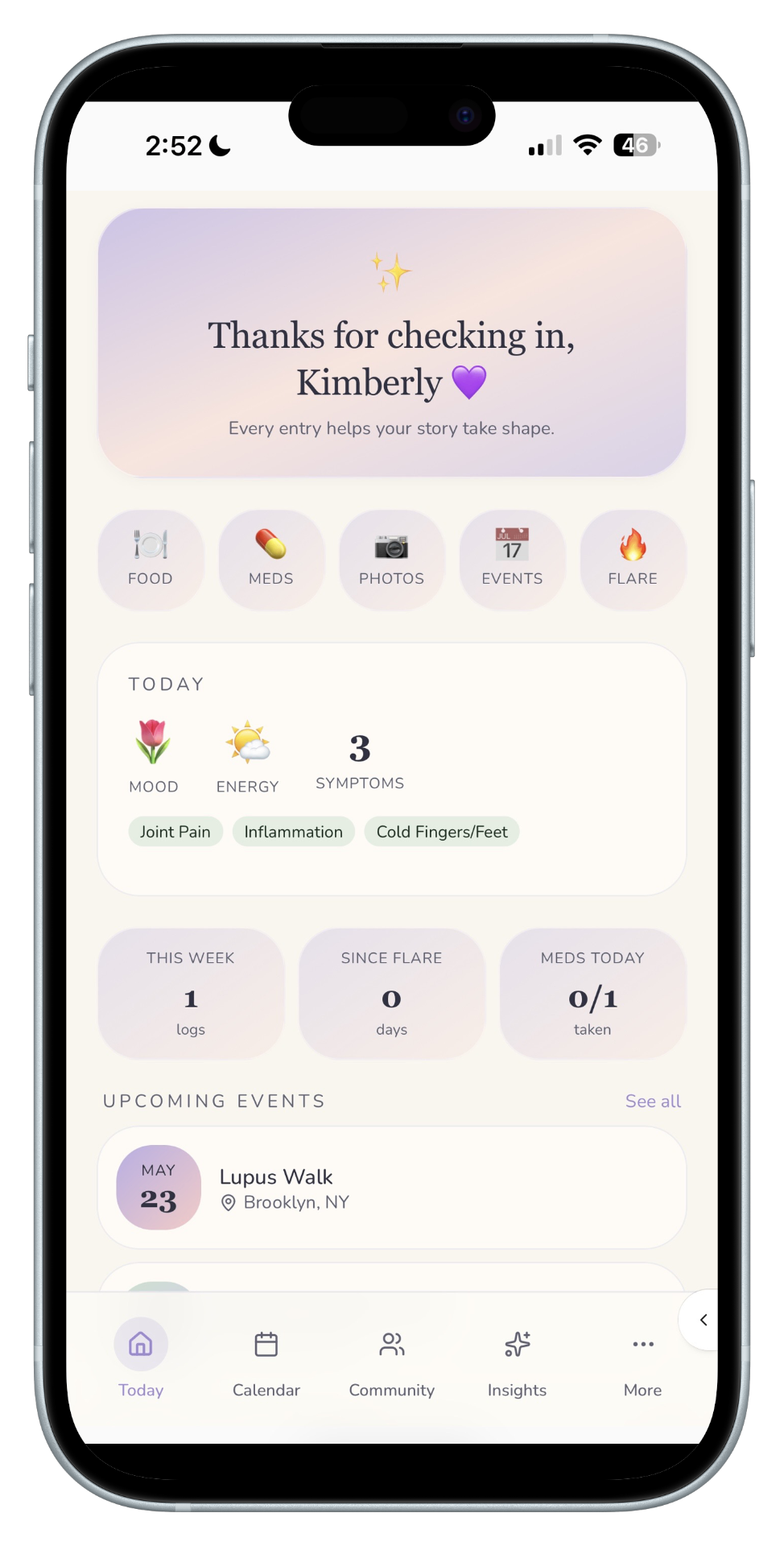 RAFA app on iPhone showing daily check-in, quick stats, and upcoming events
