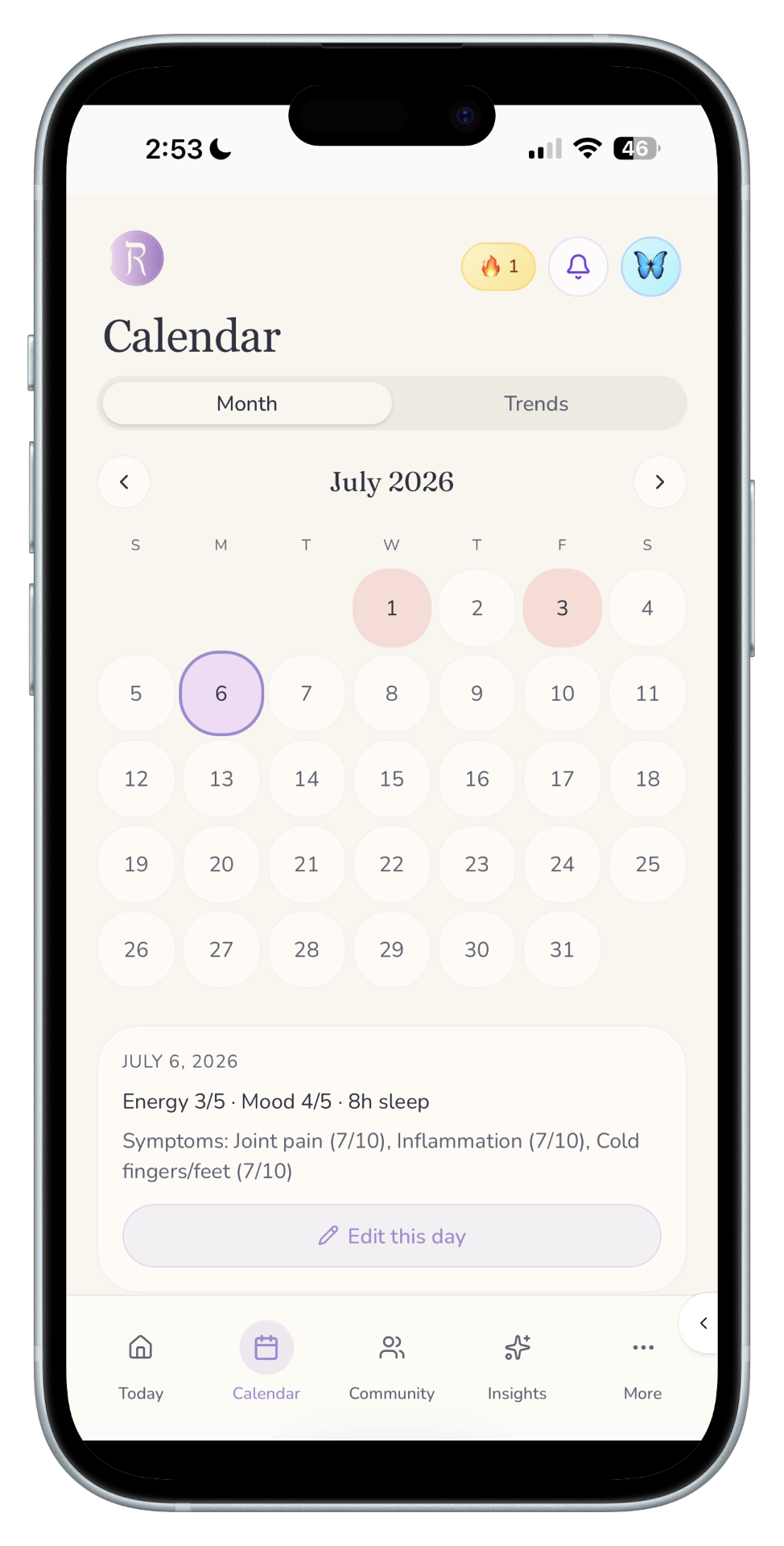 RAFA calendar month view with logged days