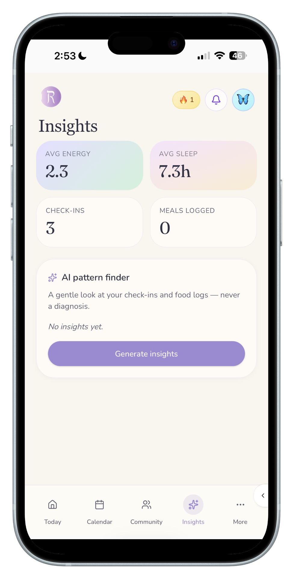 RAFA insights screen showing average energy and sleep
